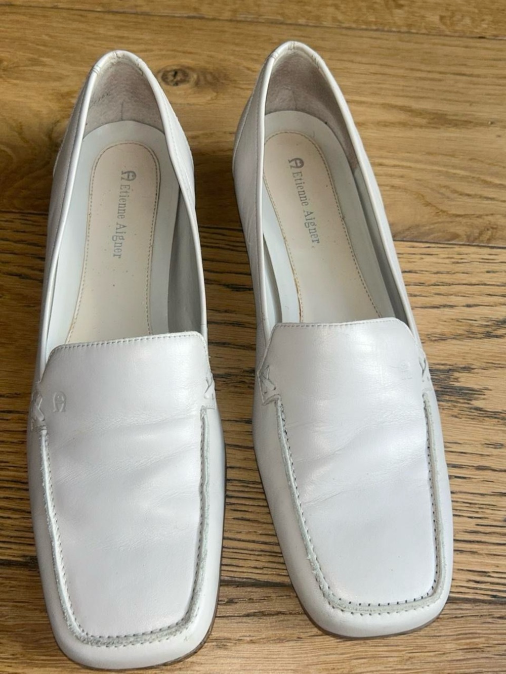 Etienne Aigner White Leather Square-Toe Loafers